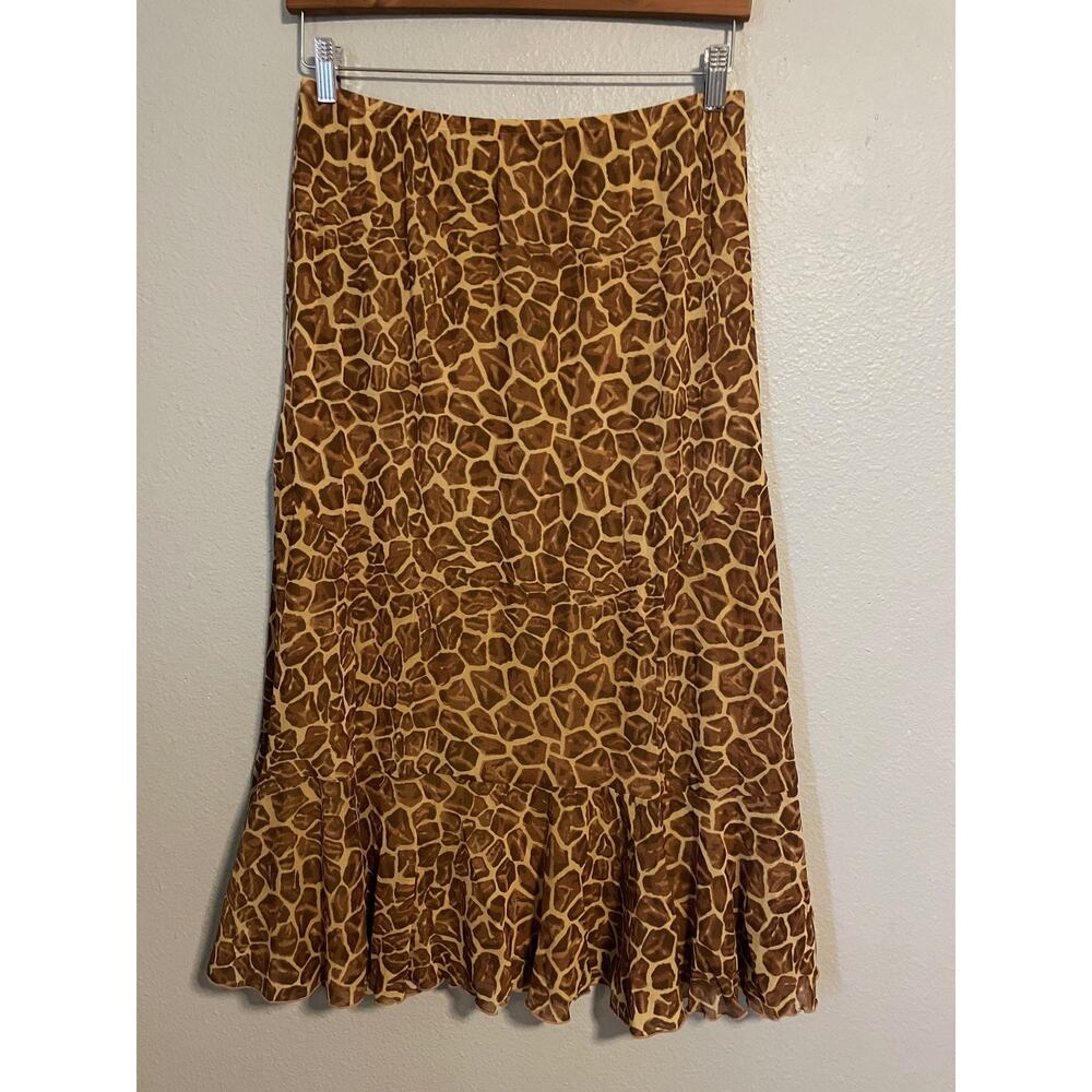 Vintage Womens Maxi Skirt Large Brown Animal Pattern Mesh Flounce Hem 90s Y2K